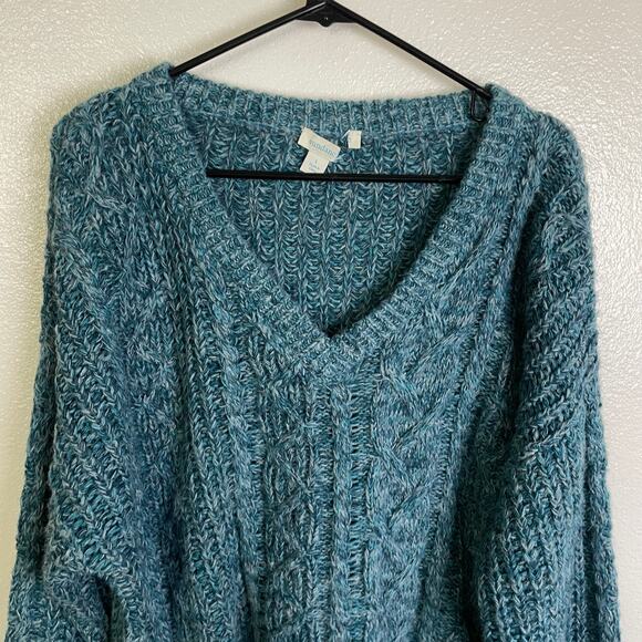 Sundance Sweater Womens Large Teal Pullover Cable Knit V Neck Wool Blend Boho - Picture 3 of 9